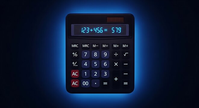 Illuminated calculator displaying a basic arithmetic operation result