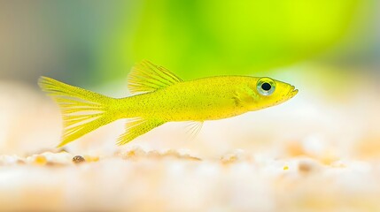 Fototapeta premium A small, vibrant yellow fish swims gracefully in a freshwater aquarium environment