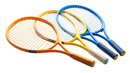 Three colorful tennis rackets isolated on transparent background