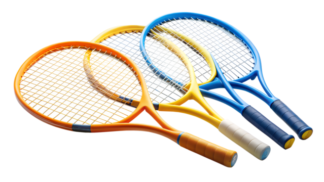 Three colorful tennis rackets isolated on transparent background