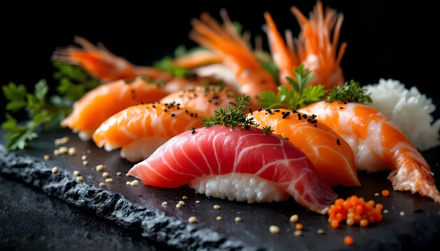 Sushi beauty captured in vivid detail. Soft lighting reveals freshness, contrast, and gourmet appeal in this high-end culinary shot.