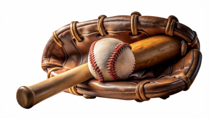 Baseball glove, bat, and ball isolated on transparent background