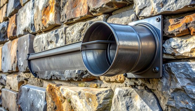 Exterior stone wall with ventilation pipe