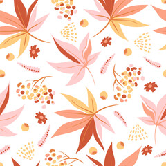Seamless pattern with maple leaves, berries, flowers on white background. Pastel brown pink colors. Gentle fall print. Floral pattern. Vector illustration.