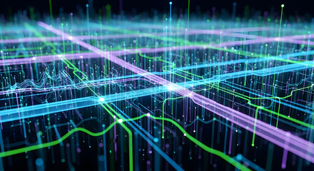 Abstract digital network with glowing lines and data points representing complex information flow and technological connections.