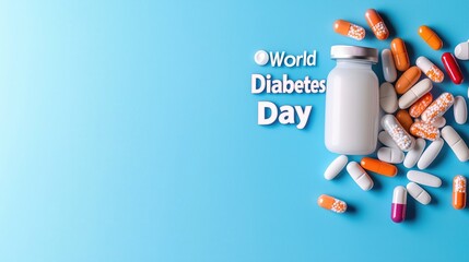 World diabetes day concept with medication and pill bottle on blue background