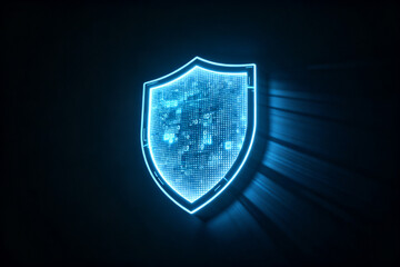 Digital shield with glowing blue circuit pattern on dark background