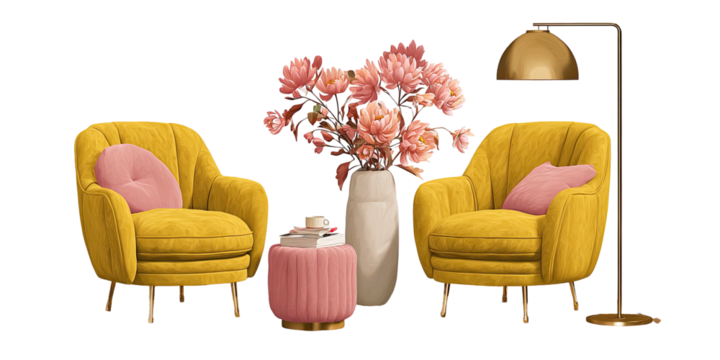 Stylish mustard yellow armchairs with pink accents and flowers