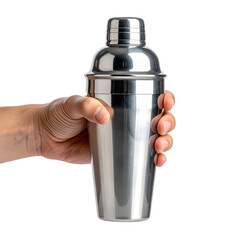 Hand Holding A Metallic Cocktail Shaker A Bar Tool For Mixing Drinks isolated on transparent background. PNG die-cut for advertising