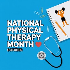 National Physical Therapy Month October Banner with Stethoscope and Notebook Showing a Weightlifter for Rehabilitation Clinics, Health Websites, and Wellness Business Promotion