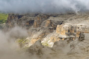 A view of the cliffs of Col Aut in the Stella mountain group from the path to Piz Boe mountain, Dolomites, Italy