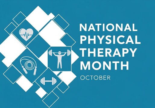 National Physical Therapy Month October banner with a mosaic of exercise and health icons, promoting awareness for rehabilitation, movement, fitness, and physical wellness.