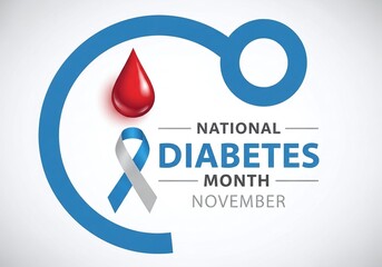 Blue and gray banner with diabetes awareness ribbon and blood drop for National Diabetes Month November, perfect for health campaigns, medical ads, and patient support marketing by clinics