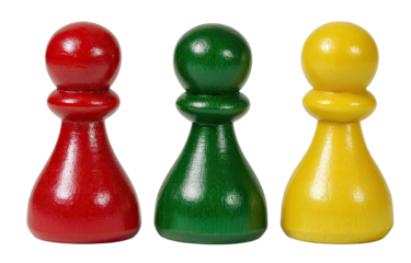 Three colorful wooden game pieces in a row