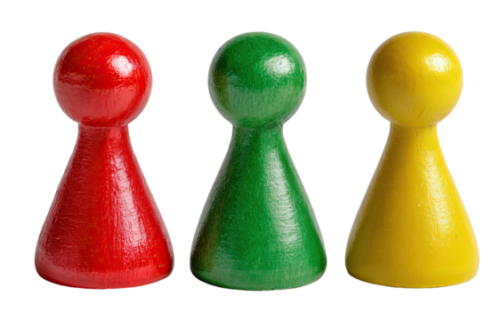 Three colored game pieces in a row