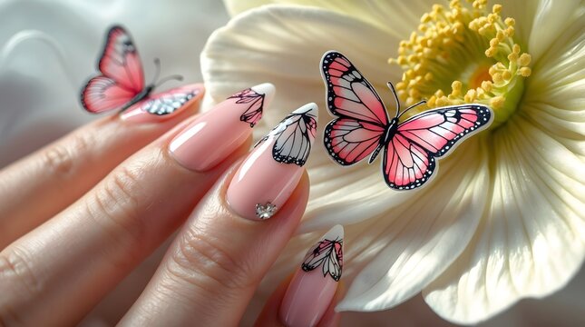 Beautiful Floral Butterfly Nails Showcased on Hand in Natural Light