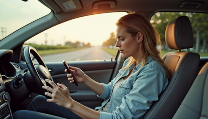 Naklejka premium Driver Calling for Help in a Car Interior with Sunset Background for Road Safety Blogs, Awareness Campaigns, Education, and Social Media Content
