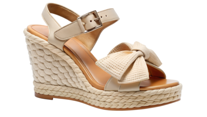 Beige espadrille wedge sandal with a bow detail, isolated on transparent background