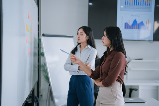 Asian businesswomen collaborating, discussing points, and planning strategies using sticky notes on a whiteboard during a professional office meeting with data displayed on a screen