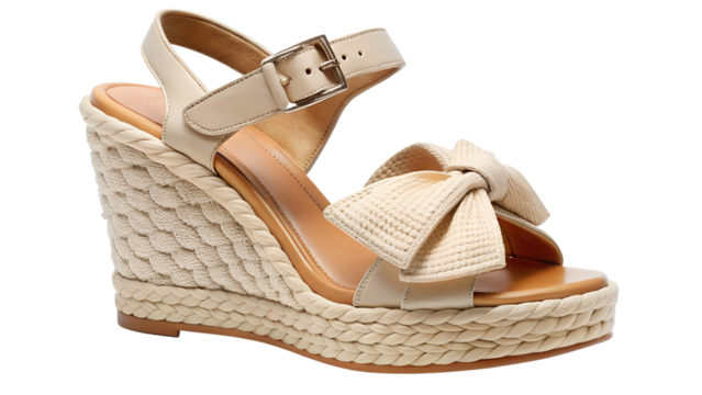 Beige espadrille wedge sandal with a bow detail, isolated on transparent background