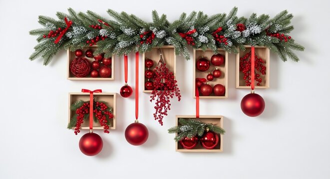 Festive Christmas wall decor with red ornaments and green garlands, ideal for holiday retail displays, corporate events, and seasonal marketing by businesses
