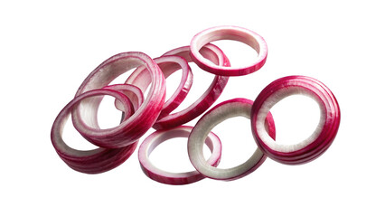 Fototapeta premium Several sliced red onion rings isolated on transparent background