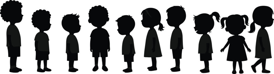 Silhouette children standing, kids group together, childhood concept, school age boys and girls, friendship unity, playful lifestyle, education theme, family
