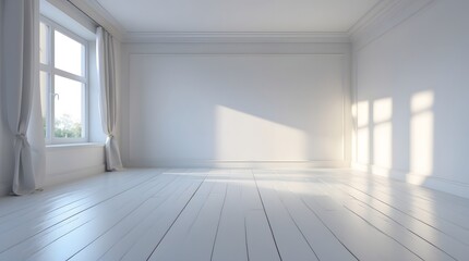 Fototapeta premium Minimalist Design in a Spacious Studio Room, Natural Light, Modern Aesthetic