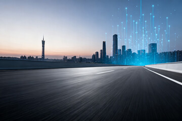 Futuristic city skyline with digital data streams over a highway at dusk