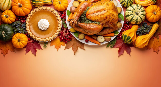 Roasted turkey, pumpkin pie, autumn vegetables and leaves on orange background, showcasing a Thanksgiving feast, ideal for holiday invitations or promotional materials, free space for text - Powered by Adobe