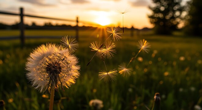 Dandelion in Sunset Field with Floating Seeds Warm Natural Light