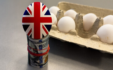 Chicken eggs and US dollar bills, American flag