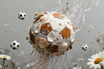 A soccer ball adorned with seashells and dried flowers, surrounded by floating mini soccer balls and daisies in a whimsical, artistic composition.