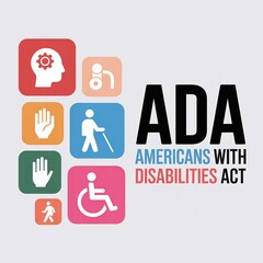 Colorful icons representing various disabilities with bold ADA Americans with Disabilities Act text, ideal for accessibility awareness, corporate inclusion training, and business compliance campaigns