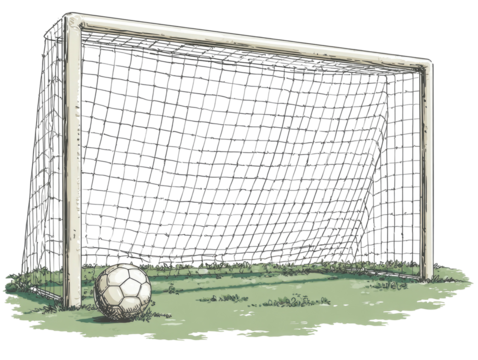 Soccer goal with ball on grassy field