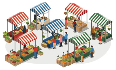 Vibrant Market Stalls: An isometric illustration presents an lively market with various stalls and people interacting. The scene depicts community engagement and shopping experience. 