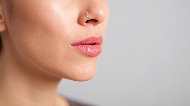 Caucasian woman with a piercing in her right nostril pronouncing an interjection. Voice. Say something. Speak. Tongue and mouth gesticulation