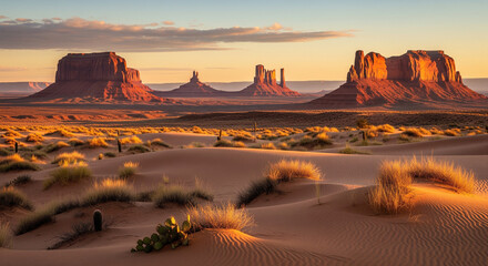 An expansive view of a vast desert landscape featuring a few iconic, weathered red rock mesas. The shot is captured at dawn, with soft, golden light bathing the scene and casting long, subtle shadows.