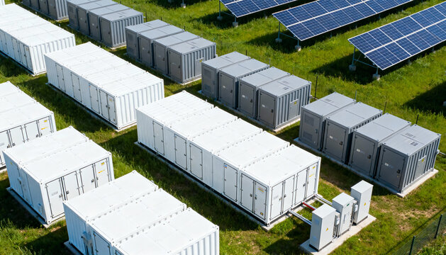 Aerial view of a battery energy storage system (BESS) power station with solar panels. Green, renewable energy technology. Sustainable electricity plant with container grid storage.