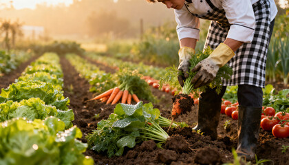 Naklejka premium Chef harvesting fresh organic vegetables from a garden at sunrise. Farm-to-table concept. Cook picking carrots, lettuce, tomatoes for healthy gourmet culinary meal. Local food.