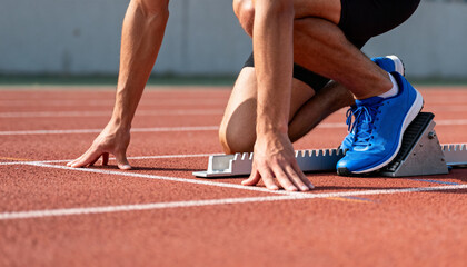 Runner poised at starting blocks. Athlete on track ready for race. Concept of challenge, competition, and determination. Sprinter starting a run for fitness and sport.