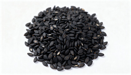 Close-up of black sesame seeds pile isolated on white background, healthy superfood ingredient, natural organic seasoning and cooking spice, macro shot for culinary use