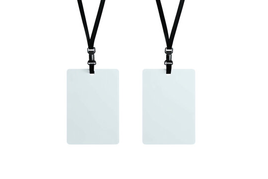 Two blank identification cards hanging by black ribbons