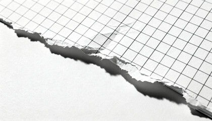 Blank piece of white ripped checkered diary page with torn edge on a white background. Abstract texture of grid paper from a notebook for school or business message.