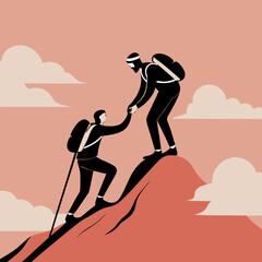 Two male hikers helping each other to climb a mountain peak  