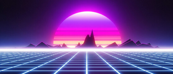 Digital retro landscape with grid lines glowing sun mountains and starry night sky