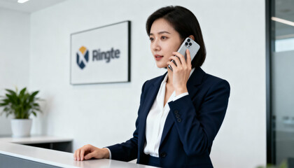 Professional Asian business woman calling on a mobile phone at the reception. Corporate communication concept for customer service, client talk, sales and success in business.