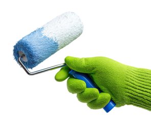 A hand in a green glove holds a paint roller with blue and white paint