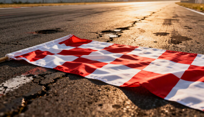 Red and white checkered racing flag laid on cracked textured asphalt road surface with golden hour light, motorsport signal, finish line indicator, racing equipment concept
