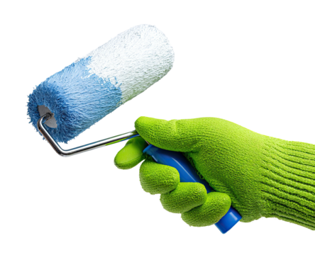 A hand in a green glove holds a paint roller with blue and white paint